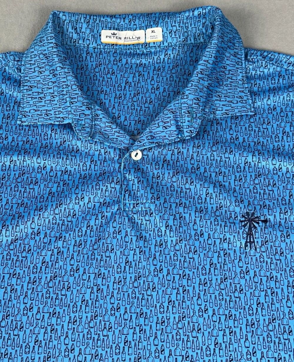 Peter Millar Featherweight Men’s Bottle Print Short Sleeve Polo Sz XL Blue Golf